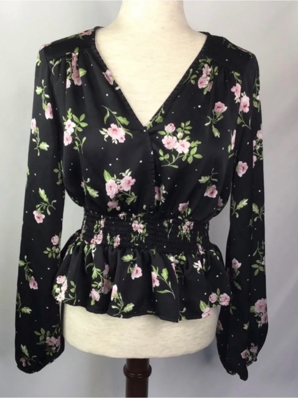 Gypsies & Moondust Black Floral V-Neck Smocked Peplum Blouse